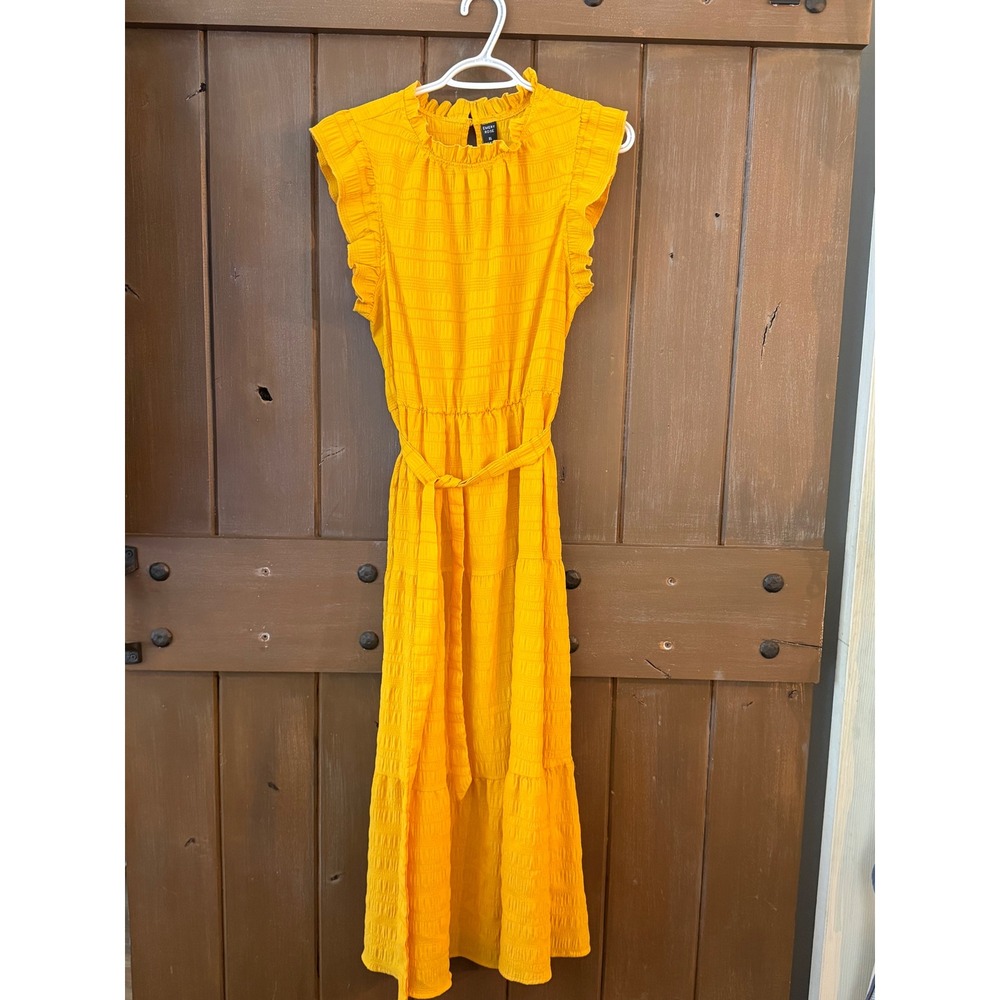 Emery‎ Rose Mustard Yellow Ruffle Neck Smocked Waist Tiered Midi Dress XL